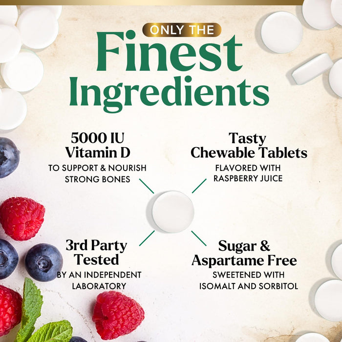 Vitamin D3 5000 IU (125 mcg) Nature's Extra Strength Vitamin D Supplement Chewable for Immune Support Health - Bone, Teeth and Muscle Supplements - Sugar Free, Non-GMO, Gluten Free - 60 Count Tablets