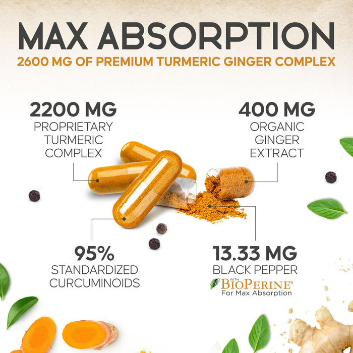 Turmeric Curcumin Supplement 2600mg - with Organic Ginger & Turmeric, 95% Curcuminoids, BioPerine Black Pepper for Best Absorption, Nature's Vegan Joint Support, Non-GMO, Bottled in USA - 180 Capsules