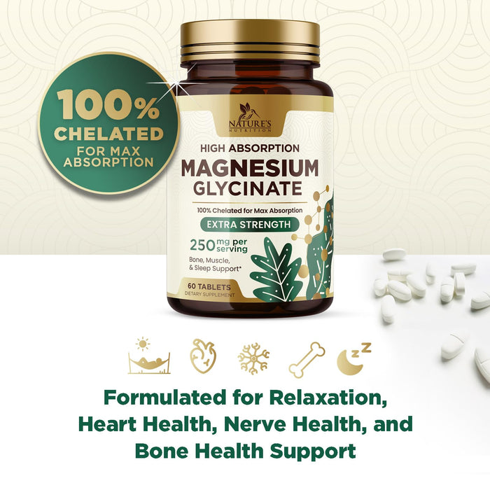 Magnesium (Glycinate) - Magnesium Supplement for Heart Health, Nerve, Muscle, Bone, and Sleep Support - 100% Chelated & High Absorption - 250 mg per Serving - Gluten Free, Vegan, Non-GMO - 60 Count