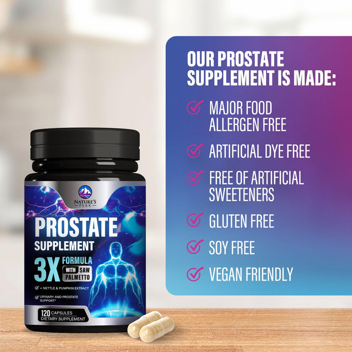 Prostate Health Supplements for Men - Support Complex 3x Formula with Saw Palmetto Blend Stinging Nettle Root & Pumpkin Seed Extract - Supports Bathroom Trips Prostate & Urinary Health - 120 Capsules
