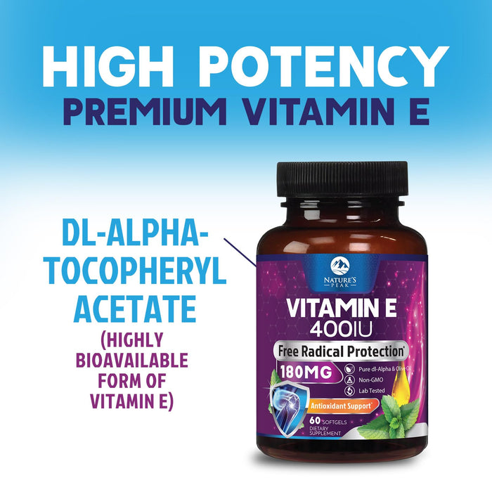 E Vitamin for Women and Men - 180 mg (400 IU) dl-Alpha - Effective Antioxidant Dietary Supplement - Hair, Skin, & Immune Health Support - Easily Absorbed Form, Non-GMO & Gluten Free - 60 Softgels
