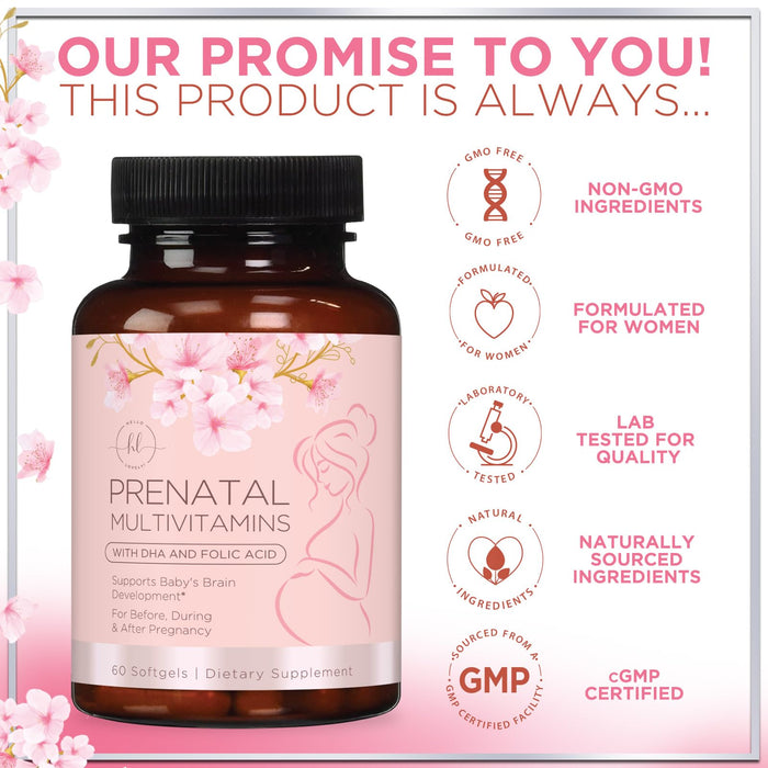 Prenatal Vitamins For Women With Folic Acid, DHA & Iron - Women's Prenatal Multivitamin, Essential Pre Natal Vitamins with Folate, Omega 3, D3, B12, Pregnancy Supplement for Mom & Baby - 60 Softgels