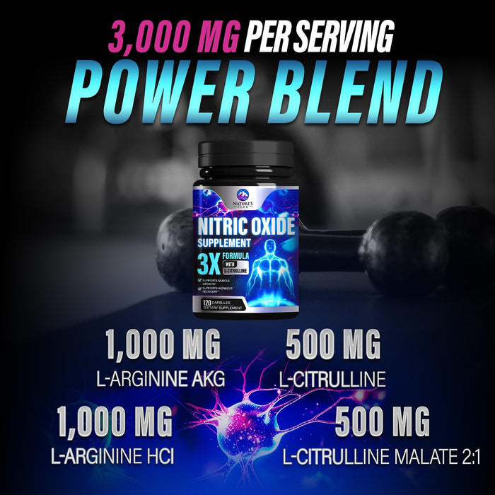 Nitric Oxide Supplement 3000mg L Arginine 3X Strength - Citrulline Malate & AKG - Extra Strength Muscle Supporting Nitric Booster for Muscle Growth & Workout Recovery to Train Harder - 120 Capsules
