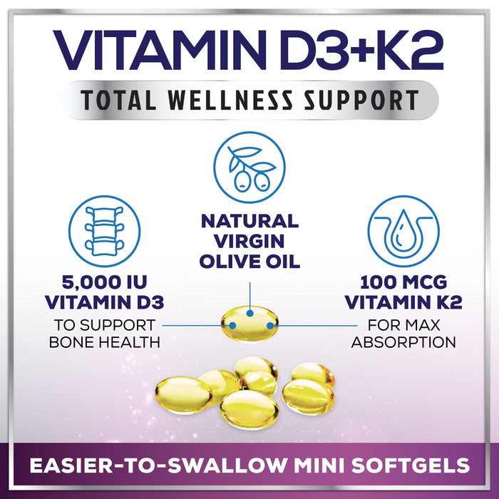 Vitamin D3 K2 - Vitamin D3 (5000 iu) & 100 mcg Vitamin K2 (MK-7) Complex for Immune Support & Bone, Teeth & Muscle Health - Easy to Swallow, Gluten Free, Non-GMO, Bottled in USA - 120 Softgels