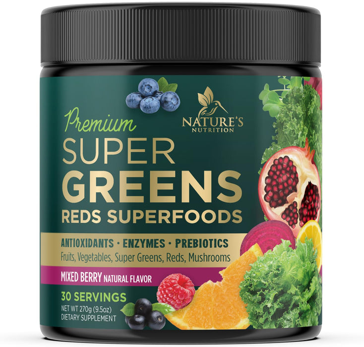 Greens Powder Superfood Drink Mix - Green Whole Food Blend for Energy & Gut Health with Organic Wheat Grass, Spirulina, Chlorella, Digestive Enzymes Antioxidant & Fiber, Berry Flavor, 30 Servings