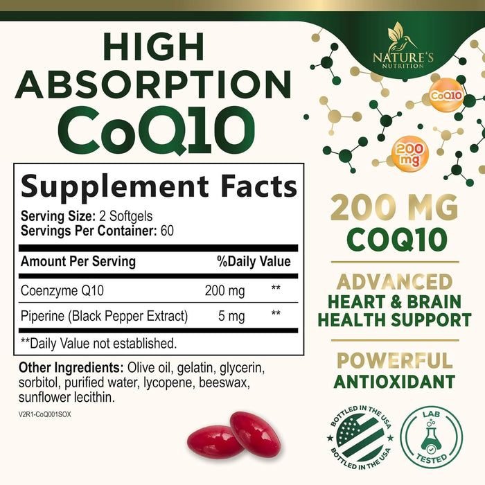 CoQ10 200mg Softgels - Extra Strength Coenzyme Q10 Supplement With Black Pepper Extract for Enhanced Absorption, CoQ10 Antioxidant Supplements for Heart Health & Cellular Energy Support - 120 Softgels