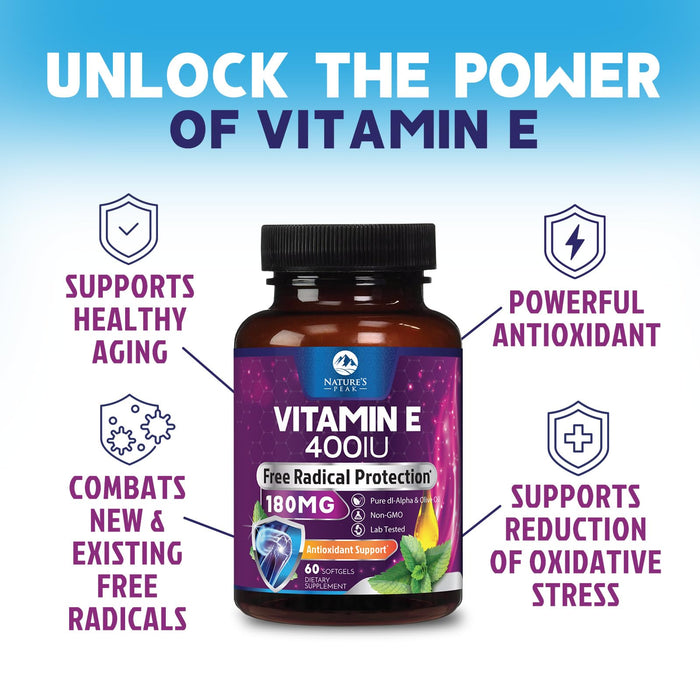 E Vitamin for Women and Men - 180 mg (400 IU) dl-Alpha - Effective Antioxidant Dietary Supplement - Hair, Skin, & Immune Health Support - Easily Absorbed Form, Non-GMO & Gluten Free - 60 Softgels