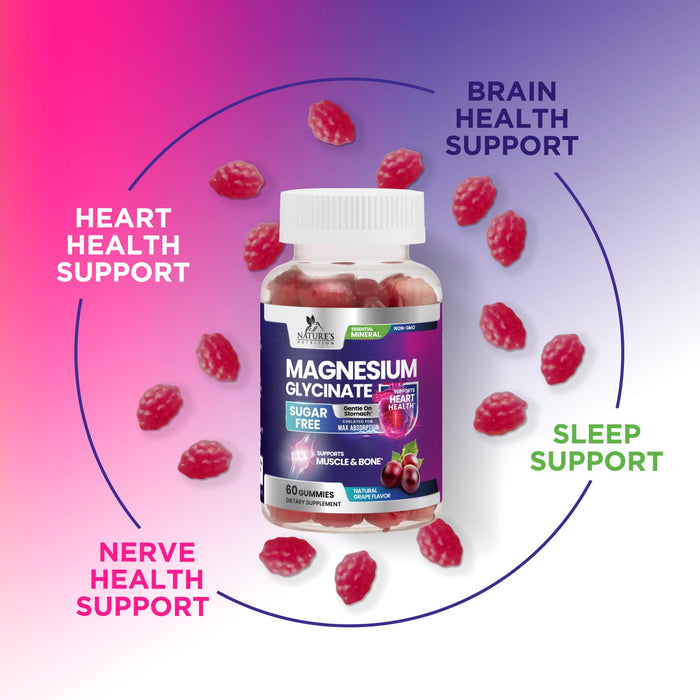 Magnesium Glycinate Supplement Gummies - Magnesium Supplement with Bone Muscle Heart Health & Sleep Support - Gentle on Stomach & Chelated for Max Absorption - Grape Flavor & Sugar Free - 60 Gummies