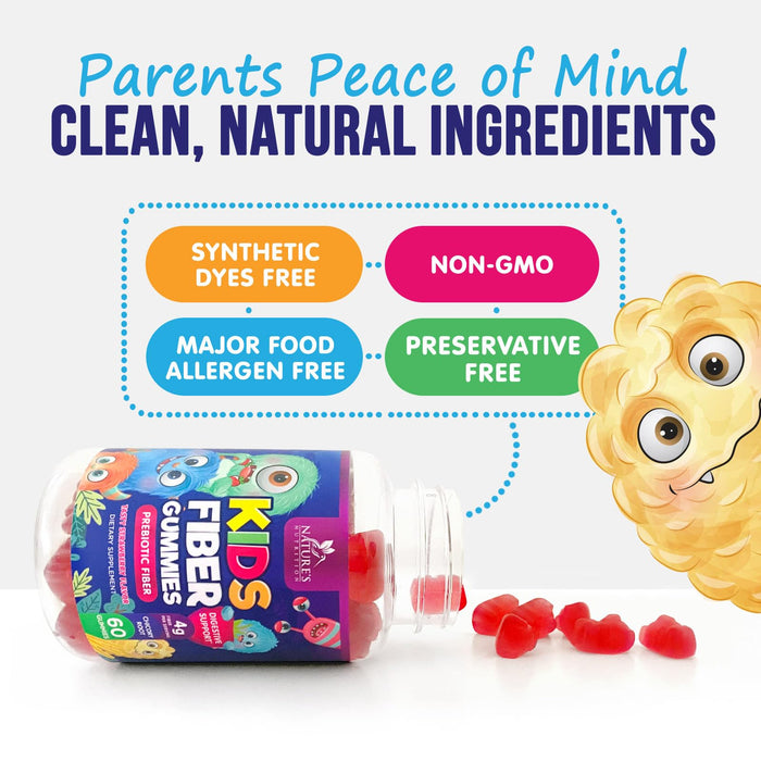 Fiber Gummies for Kids, Daily 4g Gummy Fiber Supplement, Prebiotic Digestive Health Support - Nature's Plant Based Soluble Fiber, Supports Regularity & Digestion for Kids Non-GMO - 60 Gummies
