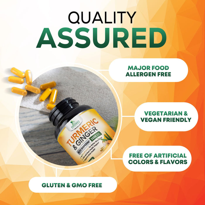 Turmeric Curcumin Supplement 2600mg with Organic Ginger & Turmeric, BioPerine Black Pepper Extract 95% Curcuminoids - Advanced Absorption Joint & Antioxidant Extra Strength Support - 120 Capsules