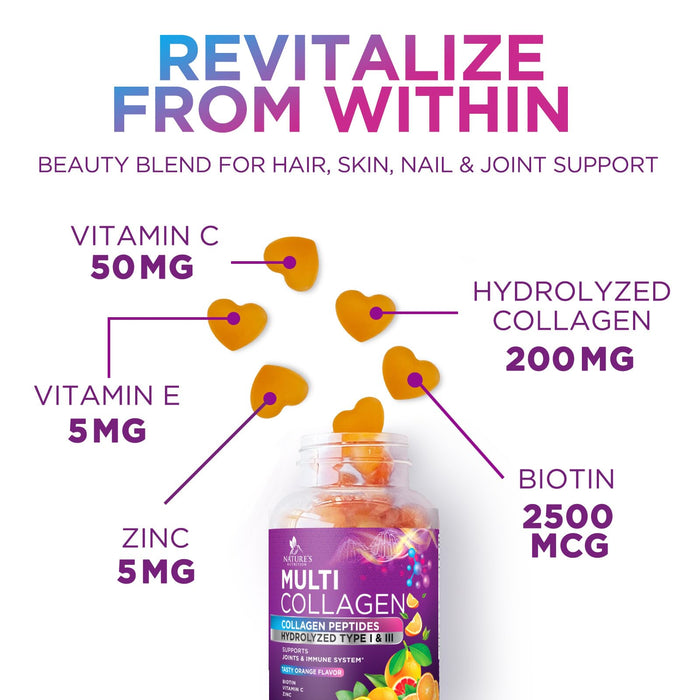 Collagen Gummies for Women with Vitamin C, Zinc & Biotin - Hydrolyzed Protein Type 1 & 3 Multi Collagen Peptides Supplement - Support for Hair, Skin, Nails & Joints, Gluten Free Complex - 60 Gummies