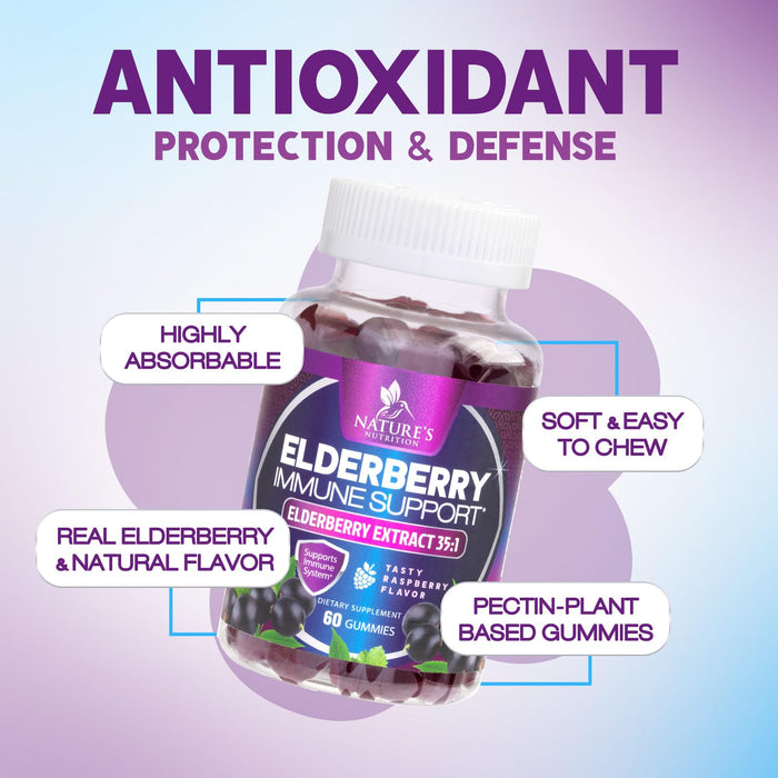 Elderberry Immune Support Gummies - Super Concentrated 35:1 Extract, Equivalent to 4200mg of Elderberries - Sambucus Black Elder Berry Vitamin Supplement, Daily Support for Kids & Adults - 60 Gummies