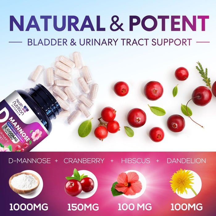 D-Mannose Supplement 1,350mg with Cranberry, Hibiscus & Dandelion - Fast-Acting, Natural Bladder & Urinary Tract Support for Women & Men – Flush & Cleanse Impurities – Non-GMO, Vegan – 180 Capsules