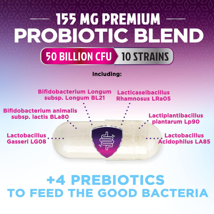 Probiotics 50 Billion CFU per Serving - 10 Strains + Prebiotics - Digestive Health, Gut & Immune Support - Supports Occasional Constipation, Gas & Bloating for Women & Men Shelf Stable - 120 Capsules