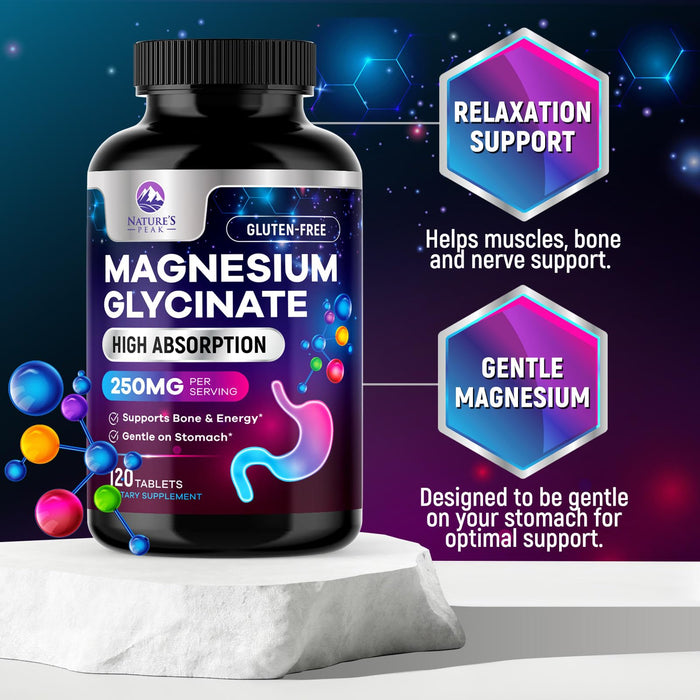 Magnesium Glycinate Chelated for Max Absorption - Supports Bone, Muscle, Nerves & Heart Health, Nature's Sleep and Stress Support, Best Magnesium Supplement Pills for Whole Body Support - 120 Tablets