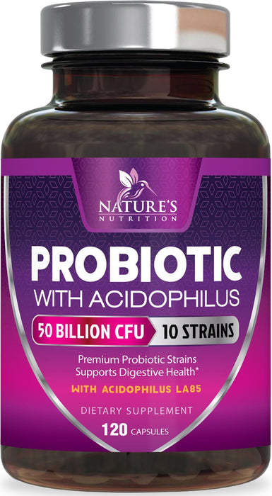 Probiotics 50 Billion CFU per Serving - 10 Strains + Prebiotics - Digestive Health, Gut & Immune Support - Supports Occasional Constipation, Gas & Bloating for Women & Men Shelf Stable - 120 Capsules