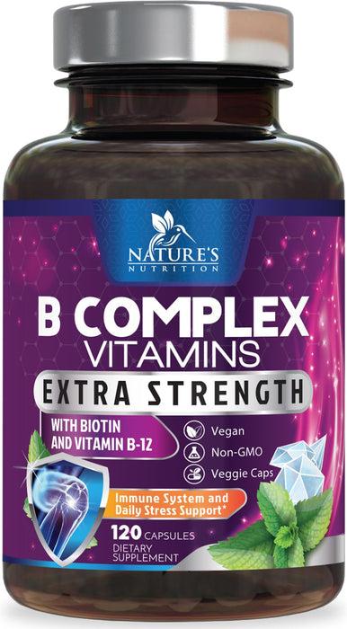 B Complex Vitamins Capsules with Vitamin B6 B12 B100 C Biotin Folate & Folic Acid - Supplement for Heart, Brain, & Nerve Support - Super Complete B-Complex for Immune & Energy Support - 120 Capsules