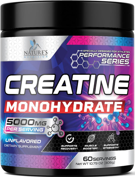 Creatine Monohydrate Powder 5000mg - Best Performance Micronized Creatine Nutritional Supplement - For Muscle Strength & Energy Support, Unflavored Monohydrate Powder, Bottled in USA - 60 Servings