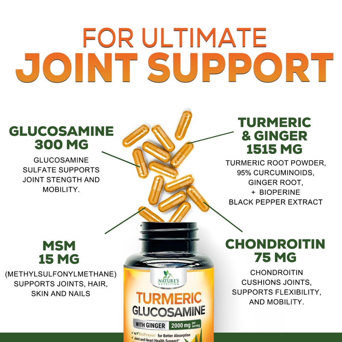 Turmeric Curcumin Supplement 2000mg with Glucosamine Chondroitin & Ginger, 95% Curcuminoids, BioPerine Black Pepper for Best Absorption, Nature's Joint Support, Non-GMO, Bottled in USA - 180 Capsules