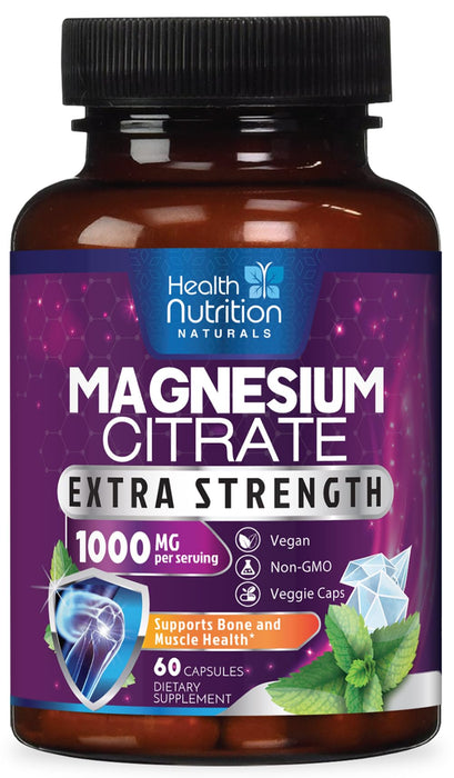 Magnesium Citrate Capsules 1000mg - Max Absorption Magnesium Powder for Muscle, Nerve, Bone and Heart Health Support, High Absorption Citrate Complex, Gluten Free, Non-GMO - 60 Capsules