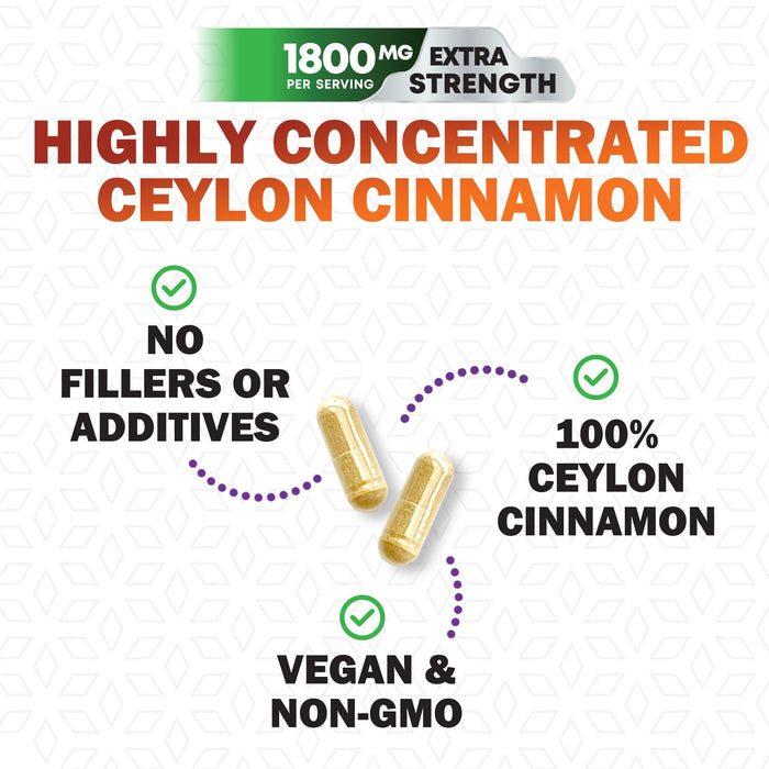 Organic Ceylon Cinnamon Supplement 1800mg - Certified Organic Ceylon Cinnamon Powder Pills - Energy & Heart Support for Women & Men, Bottled in USA, Antioxidant, Gluten Free, Non-GMO - 120 Capsules