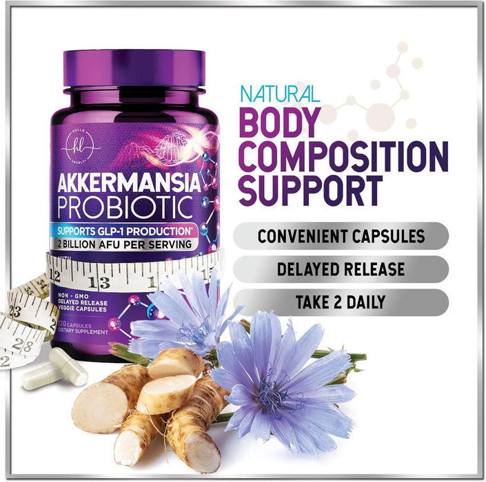 Akkermansia Probiotic with Prebiotic Fiber - Supports GLP-1 Production - 2 Billion AFU Strain for Digestive & Gut Health Support - Delayed Release, Third-Party Tested for Women & Men - 120 Capsules