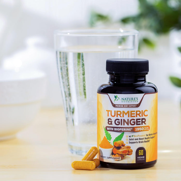 Turmeric Curcumin Supplement 1950mg - 95% Curcuminoids with Organic Turmeric & Ginger, BioPerine Black Pepper for Best Absorption, Nature's Vegan Joint Support, Non-GMO, Bottled in USA - 60 Capsules