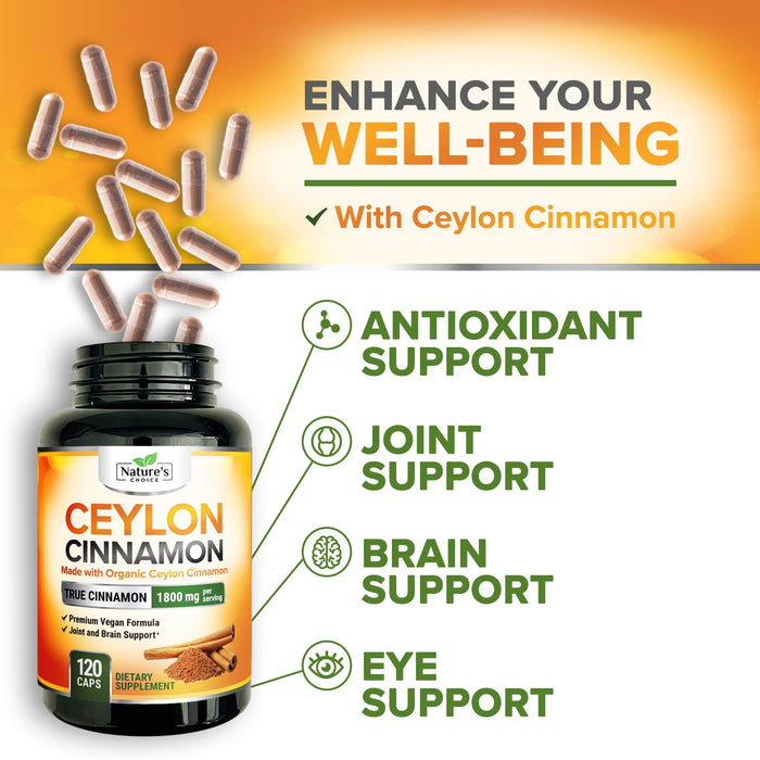 Ceylon Cinnamon Capsules 1800mg - Certified Organic Cinnamon, Bottled in USA, & Pure Extra Strength Ceylon Cinnamon Supplement, Antioxidant Pills, Non-GMO & Gluten Free, Sugar Free - 120 Capsules