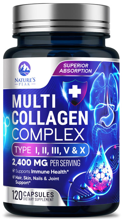 Multi Collagen Peptides Supplement for Hair, Nail, Skin - Type I, II, III, V, X, Collagen Powder Pills - Grass-Fed, Hydrolyzed for Bone and Joint Support for Women & Men, Non-GMO - 120 Capsules