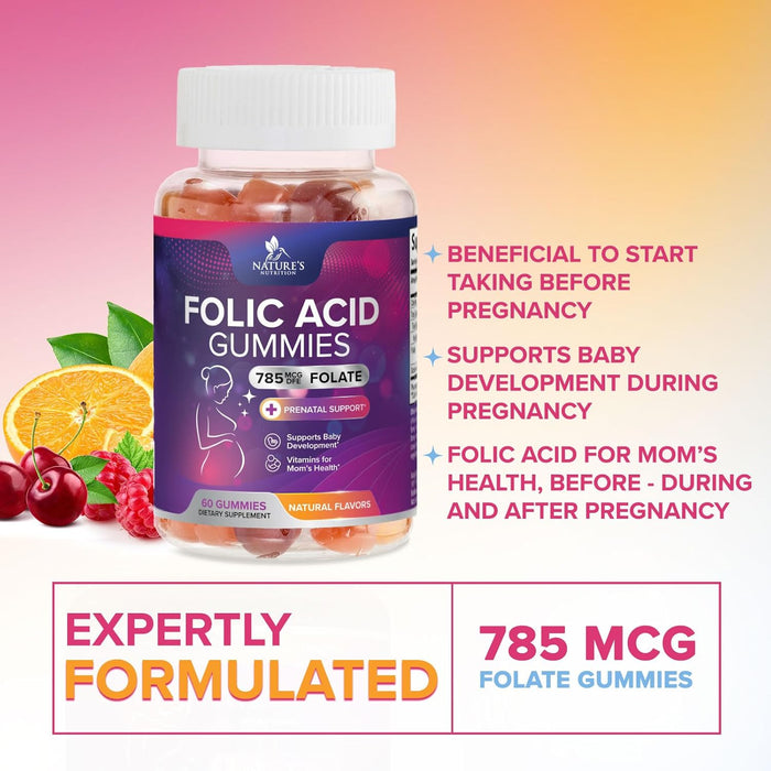 Folic Acid Gummies for Women 785 mcg, Essential Prenatal Vitamins for Mom & Baby, Vegan Folic Supplement Gummy, Daily Vitamin B9 Extra Strength Folate, Before During After Pregnancy - 60 Gummies