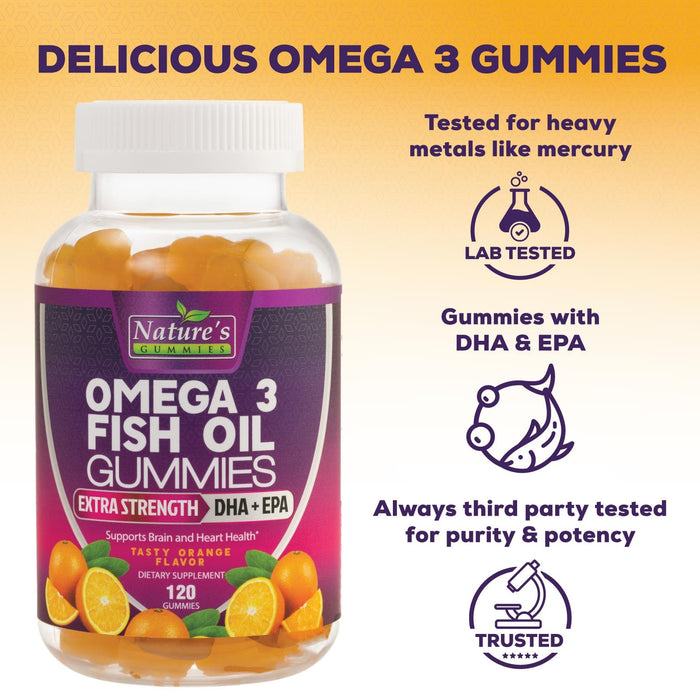 Omega 3 Fish Oil Gummies, Heart Healthy Omega 3 Gummy Supplement with High Absorption DHA & EPA, Extra Strength Joint & Brain Support, Delicious Orange Flavor Fish Oil Nature's Vitamin - 120 Gummies