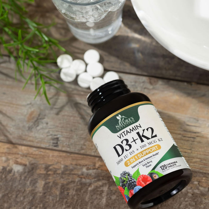 Vitamin D3 K2 Supplement | 5000 IU D3 + K2 100 mcg | MK-7 K2 with Vitamin D | Supports Immune, Heart, Teeth & Bone Health - Nature's Easy to Chew, VIT D3 K2, Non-GMO, Tasty Berry Flavor - 120 Tablets