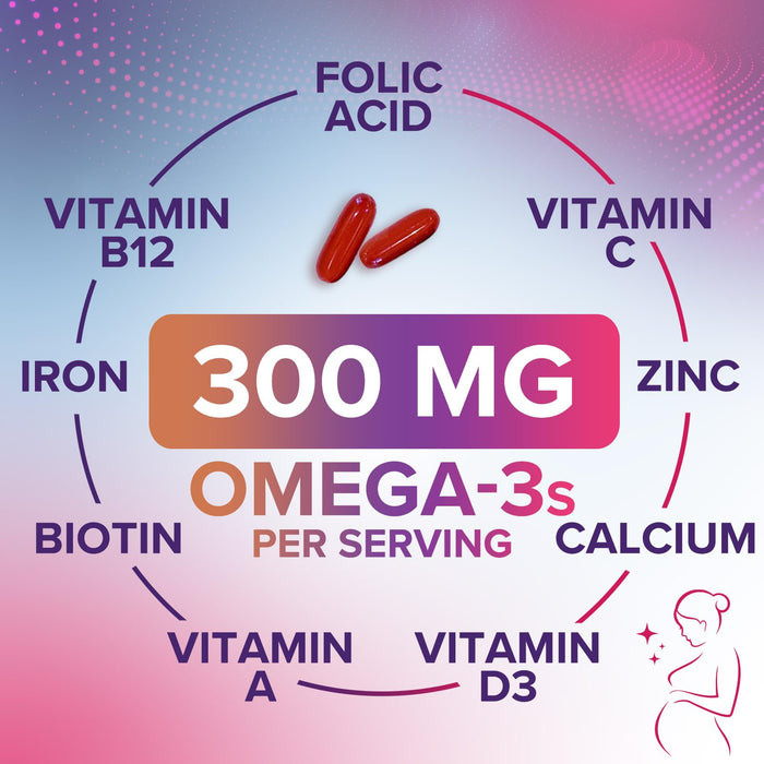 Prenatal Vitamins with Folic Acid & DHA, Fetal Brain Development Support with Folate & Omega 3's, Prenatal Multivitamin for Women, Vitamin A, C, D, B6, B12 & Iron, Pregnancy Supplement - 120 Softgels