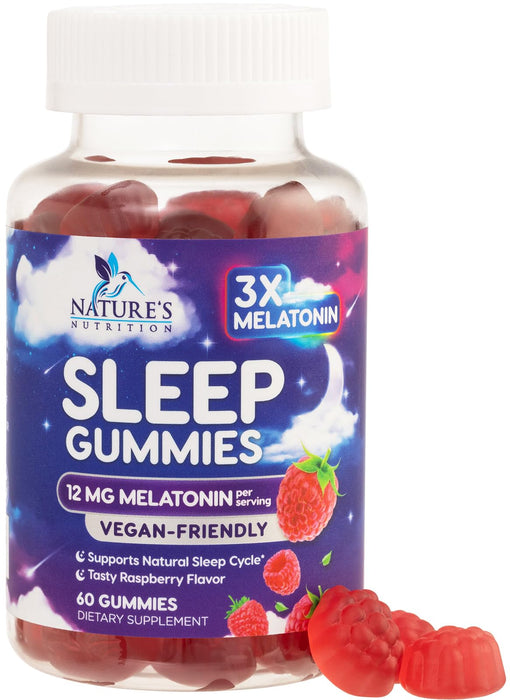 Sleep Gummies with Melatonin - Extra Strength Sleep Gummy, 12 mg Melatonin, Natural Melatonin Gummy, Occasional Sleep Support Supplement for Adults, Vegan, Non-GMO, Gomitas para Dormir - 60 Gummies