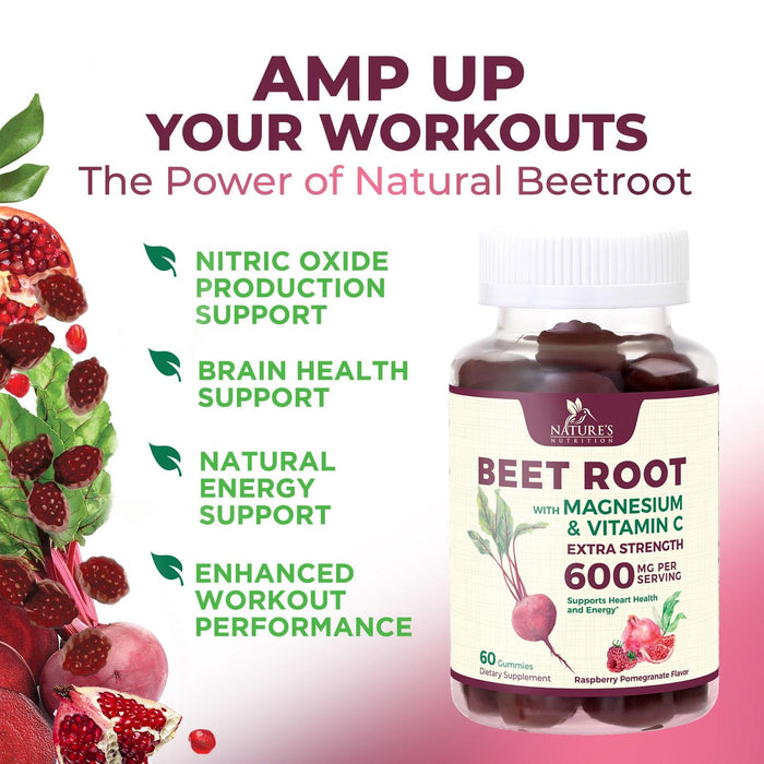 Beet Root Supplement Gummies - 500mg Per Serving with Beetroot Extract Powder Vitamin C & Magnesium - Supports Energy Heart Health & Nitric Oxide Production - Red Beets Supplements Gummy - 60 Gummies