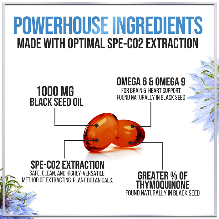 Black Seed Oil Softgels 1000mg - Premium Nigella Sativa Blackseed, Pure Natural Black Cumin Seed Oil & Antioxidant for Skin & Immune Support - Non GMO, Bottled in USA Supplement - 60 Softgels