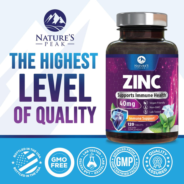 Zinc Supplement 40mg - Immune Support for Women & Men - High Potency Antioxidant, Chelated for Superior Absorption, Dietary Supplement Vitamin for Immune Health Support - 120 Tablets (120 Day Supply)
