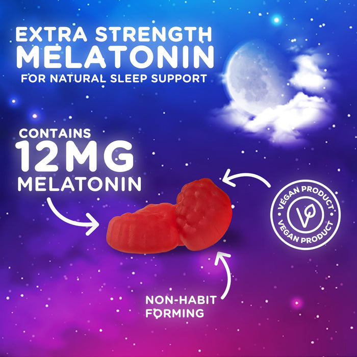 Sleep Gummies with Melatonin - Extra Strength Sleep Gummy, 12 mg Melatonin, Natural Melatonin Gummy, Occasional Sleep Support Supplement for Adults, Vegan, Non-GMO, Gomitas para Dormir - 60 Gummies