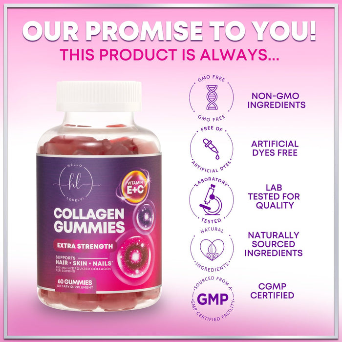 Collagen Gummies for Women - Extra Strength Collagen Peptides Gummy with Vitamin C, Zinc and Biotin, Hydrolyzed Protein Peptides Supplement for Hair, Nail & Healthy Skin Support, Non-GMO - 60 Gummies