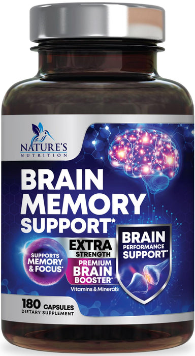 Brain Memory Supplement Pills - Nootropics Support for Concentration, Clarity, Alertness & Focus - Brain Health with Bacopa, Cognitive Vitamins, Phosphatidylserine, DMAE - Brain Booster - 180 Capsules