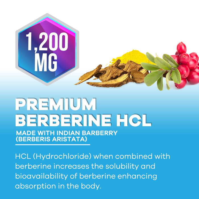 Berberine HCL 1200mg Supplement - Berberine HCI Capsules High Absorption Supplement for Heart Health & Immune Support, High Strength, Gluten-Free, Vegan, Non-GMO Pills - 60 Veggie Capsules
