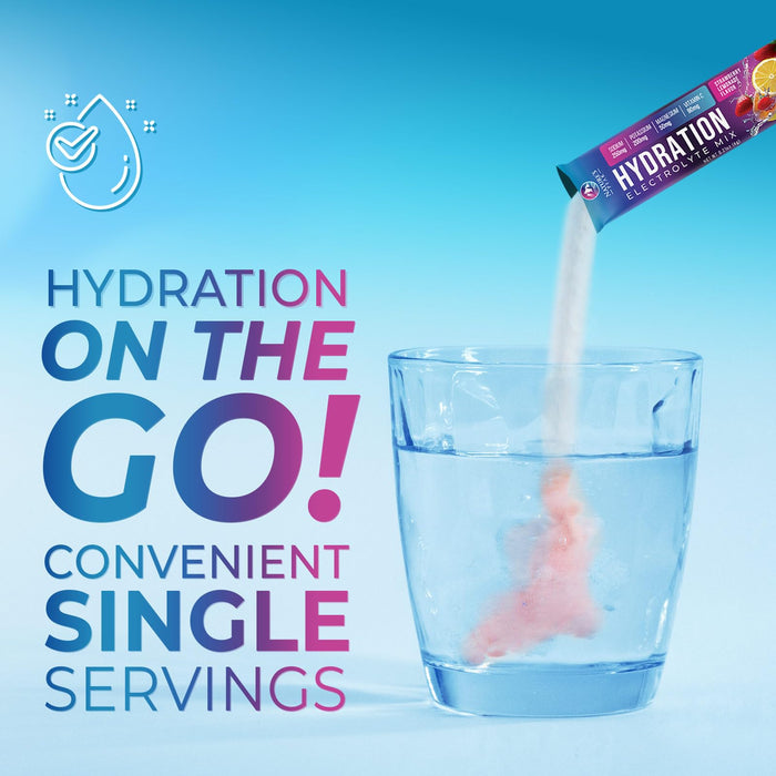 Electrolyte Hydration Packets - Best Electrolytes Drink Mix - Sugar Free Formula with Sodium, Potassium, Magnesium, Zinc & Vitamin C for Dehydration Relief and Rehydration, Strawberry Lemon (32 Pack)