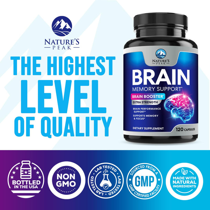 Brain Memory Supplement Pills - Nootropics Support for Concentration, Clarity, Alertness & Focus - Brain Health with Bacopa, Cognitive Vitamins, Phosphatidylserine, DMAE - Brain Booster - 120 Capsules