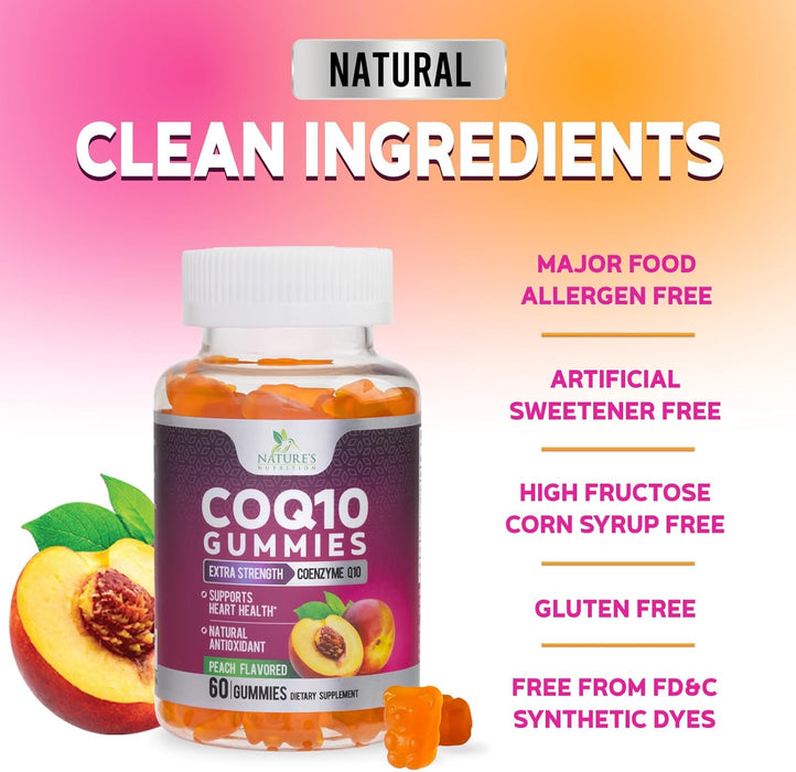 Nature's Nutrition CoQ10 Gummies 100mg – High Absorption Coenzyme Q10 Supplement for Heart Health, Energy & Antioxidant Support – Peach Flavor Gummy, Vegan, Non-GMO, Gluten Free – 60 Count