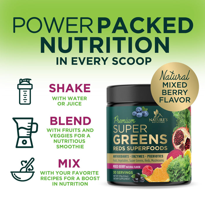Greens Powder Superfood Drink Mix - Green Whole Food Blend for Energy & Gut Health with Organic Wheat Grass, Spirulina, Chlorella, Digestive Enzymes Antioxidant & Fiber, Berry Flavor, 30 Servings