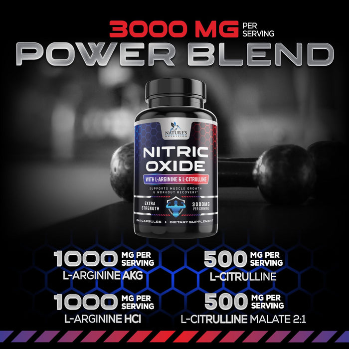 Nitric Oxide Formula with L-Arginine + Citrulline – 3000mg – 240 Capsules