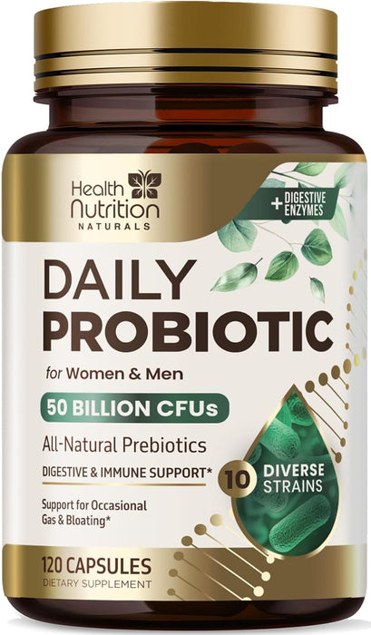 Probiotics 50 Billion CFU + 10 Strains - Daily Probiotic Lactobacillus Blend for Immune, Digestive & Gut Health Support, Prebiotics and Probiotics, Gas & Bloating for Women & Men - 120 Capsules