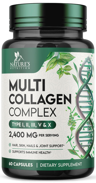 Multi Collagen Peptides Supplement 2400 mg, Types I, II, III, V & X Multi Collagen Pills Complex, Hydrolyzed Collagen Peptides Supplements, Hair, Skin, Nail, and Joint Support Supplement, 60 Capsules