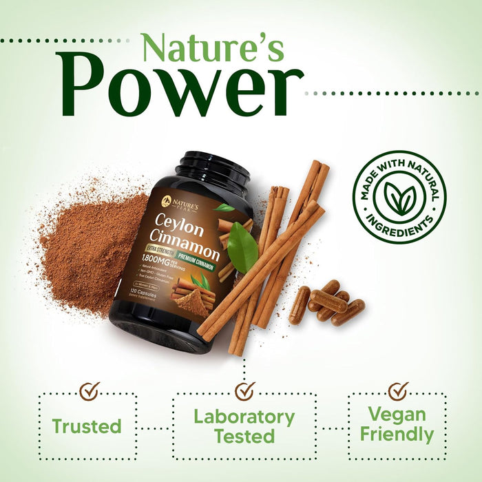 Organic Ceylon Cinnamon Capsules 1800mg - 3X Strength, Certified Organic Ceylon Cinnamon Powder Supplement - Metabolism Support, Antioxidant Pills, Gluten Free, Non-GMO, Bottled in USA - 120 Capsules