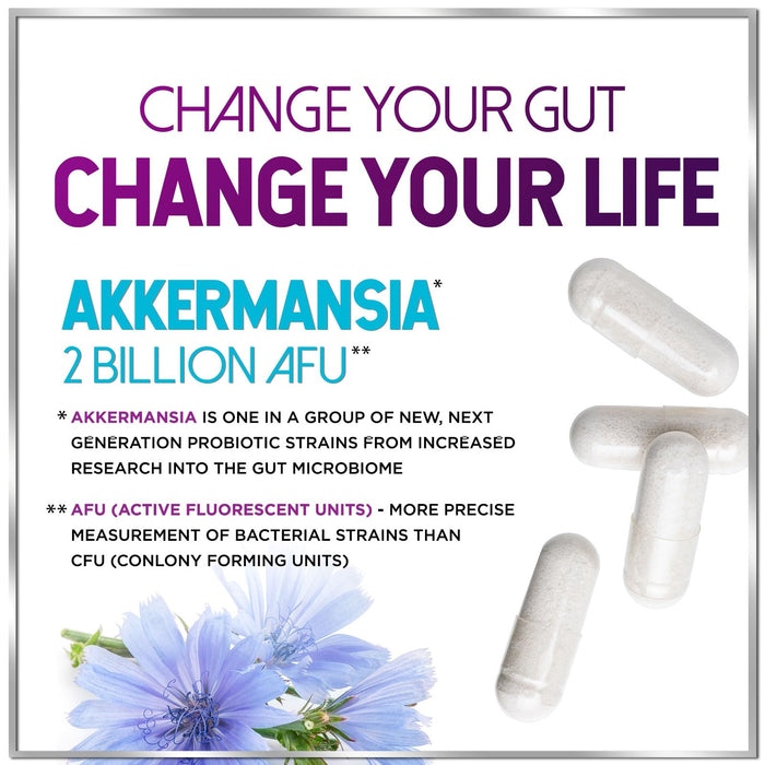 Akkermansia Probiotic with Prebiotic Fiber - Supports GLP-1 Production - 2 Billion AFU Strain for Digestive & Gut Health Support - Delayed Release, Third-Party Tested for Women & Men - 60 Capsules